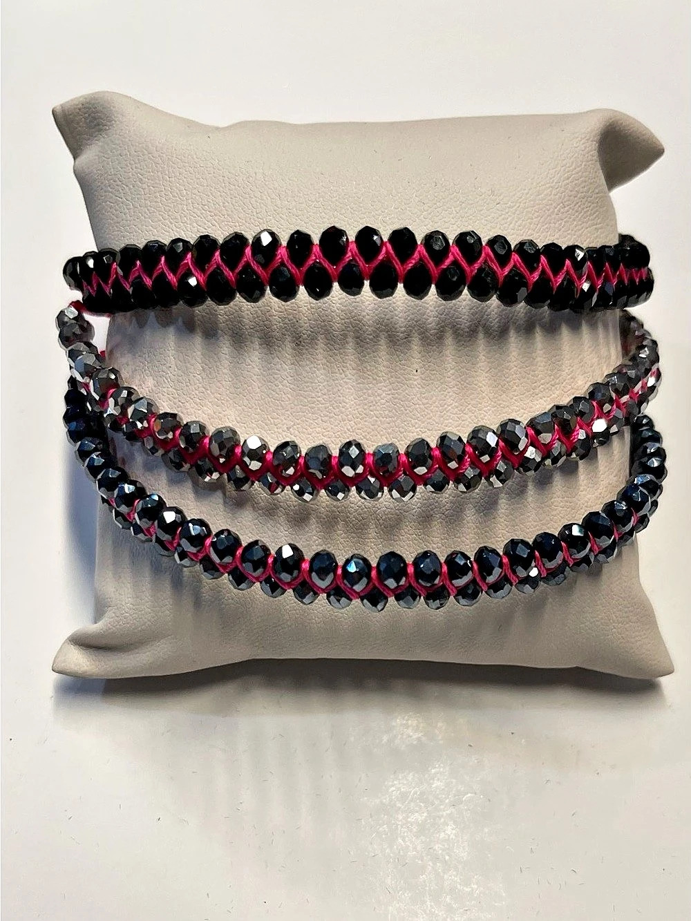 3 Black & Pink Beaded Tassel Bracelets